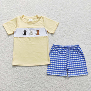 Dogs Blue Plaid Yellow Boys Shorts Sets