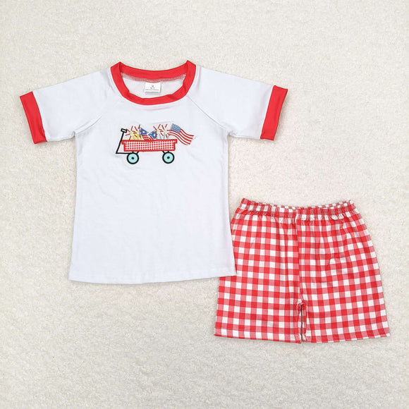 Flag Firework Trolley Red Plaid White Boys 4th of July Outfits