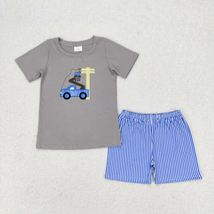 Lineman Truck Blue Stripe Gray Boys Shorts Sets