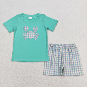 Crab Plaid Bluish Boys Shorts Sets