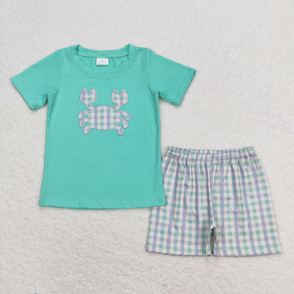 Crab Plaid Bluish Boys Shorts Sets