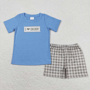 I Love Daddy Plaid Blue Boys Shorts Sets