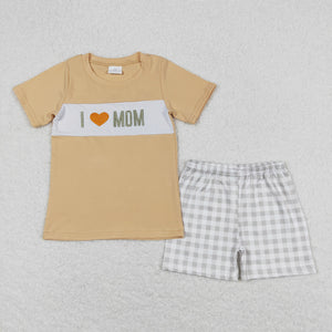 I Love Mom Plaid Light Orange Boys Shorts Sets