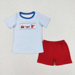 Car Plane Blue Stripe Red Boys Shorts Sets