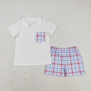 Blue Red Stripe Plaid Pocket Boys 4th of July Outfits