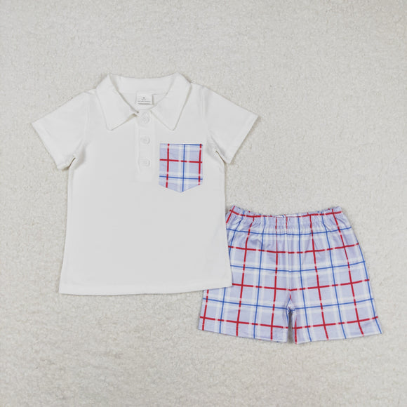 Blue Red Stripe Plaid Pocket Boys 4th of July Outfits