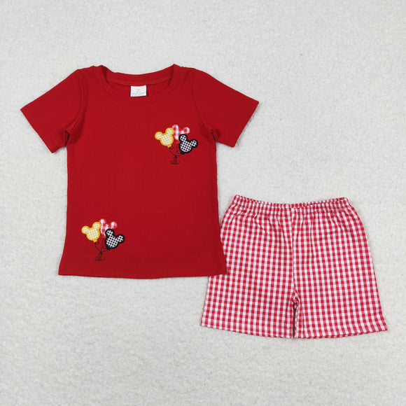 Cartoon Balloon Red Plaid Boys Shorts Sets