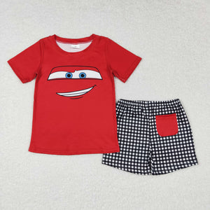 Cartoon Car Plaid Red Boys Shorts Sets