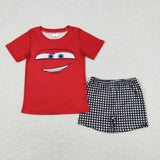 Cartoon Car Plaid Red Boys Shorts Sets