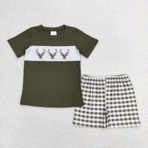 Camo Deer Green Plaid Boys Shorts Sets