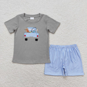 Dog Truck Fishing Blue Stripe Gray Boys Shorts Sets