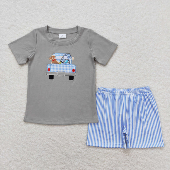 Dog Truck Fishing Blue Stripe Gray Boys Shorts Sets