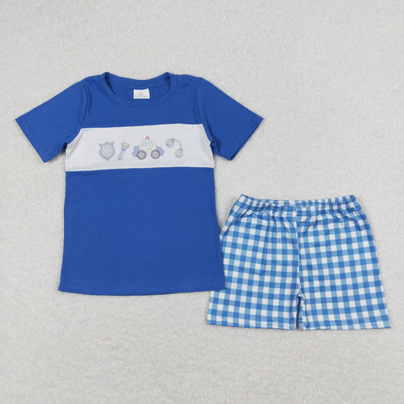 Police Car Plaid Blue Boys Shorts Sets