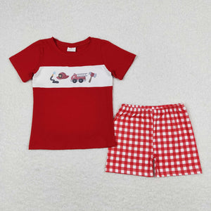 Fire Fighting Truck Plaid Red Boys Shorts Sets