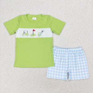 Golf Cart Blue Plaid Green Boys Shorts Sets