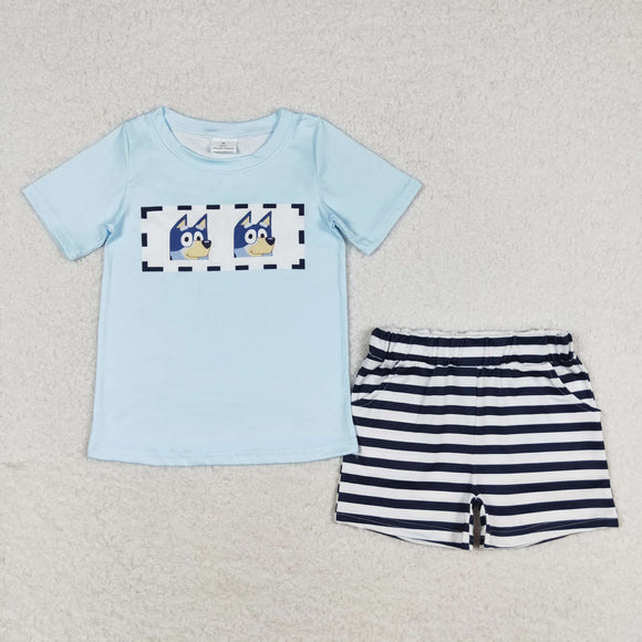 Cartoon Dogs Stripe Blue Boys Shorts Sets