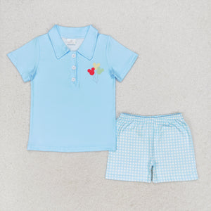 Cartoon Balloon Blue Plaid Boys Shorts Sets