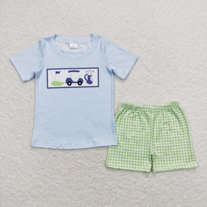 3-6M--7-8T Golf Blue Green Plaid Boys Shorts Sets