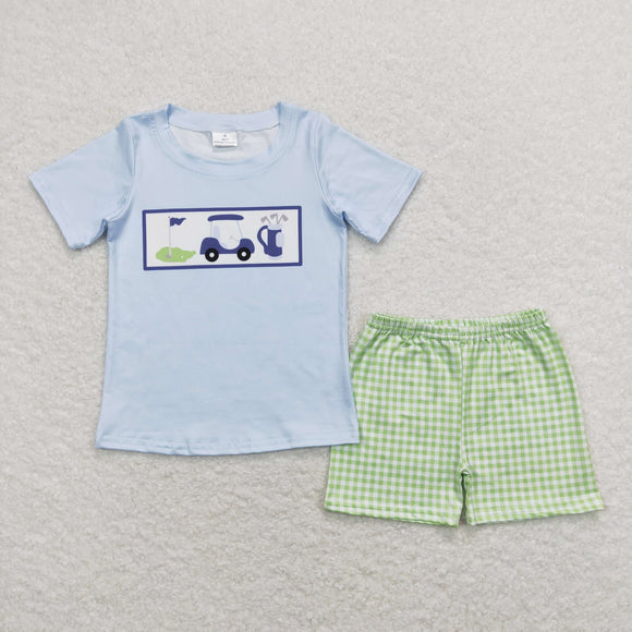 3-6M--7-8T Golf Blue Green Plaid Boys Shorts Sets