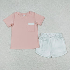 Plaid Pocket Pink Boys Shorts Sets