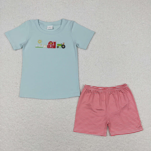 Farm Tractor Red House Red Stripe Bluish Boys Shorts Sets