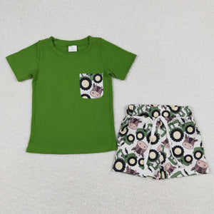 Farm Tractor Cow Pocket Green Boys Shorts Sets