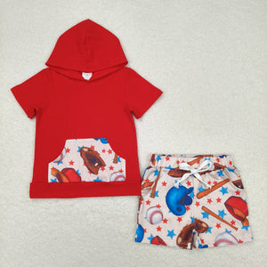 Baseball Stars Red Hoodie Sets Boys Shorts Sets