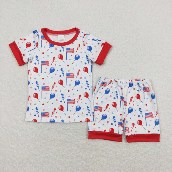 Firework Stars Balloon White Red Boys Pajamas 4th of July Outfits