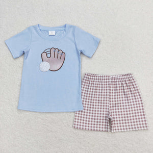 Plaid Baseball Blue Boys Shorts Sets