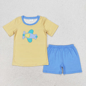 Plane Yellow Stripe Blue Boys Shorts Sets