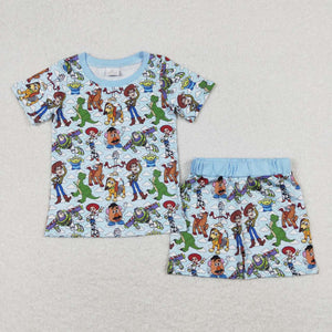 Cartoon Dinosaur Blue Boys Short Sleeve Pajamas