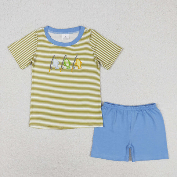 Fishing Green Stripe Blue Boys Shorts Sets