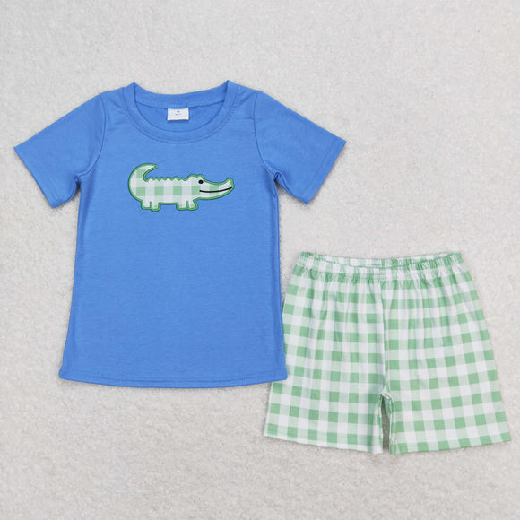 Crocodile Green Plaid Blue Boys Shorts Sets