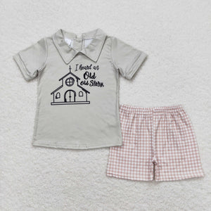 Old Story Doll Collar Plaid Green Boys Shorts Sets