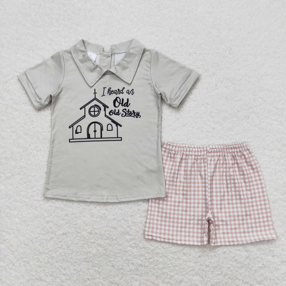 Old Story Doll Collar Plaid Green Boys Shorts Sets