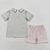 Old Story Doll Collar Plaid Green Boys Shorts Sets