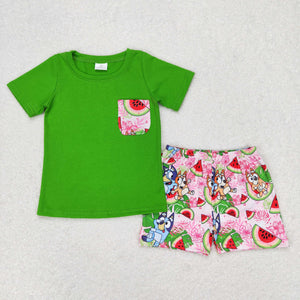 Cartoon Dogs Watermelon Pocket Green Boys Shorts Sets