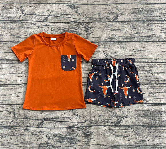 Pre-sale Highland Cow Moon Pocket Brown Boys Shorts Sets