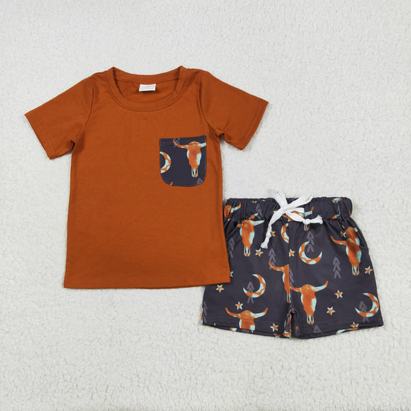 Highland Cow Moon Pocket Brown Boys Shorts Sets