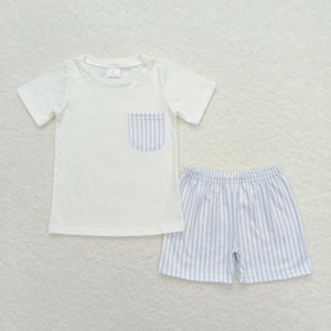 Blue Stripe Pocket White Boys Shorts Sets