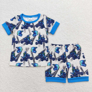 Off-road Motorcycle Beige Blue Boys Short Sleeve Pajamas