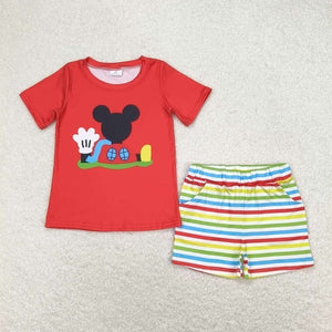 Cartoon Red Colorful Stripe Boys Shorts Sets