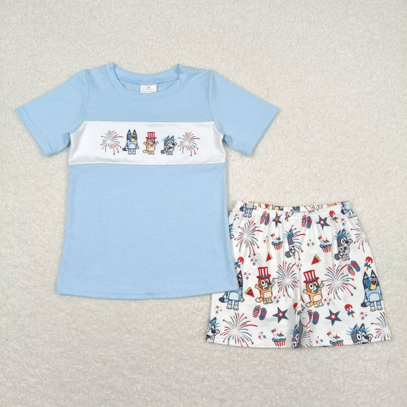 Cartoon Dogs Firework Blue Boys 4th of July Outfits