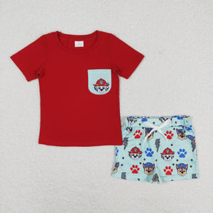 Cartoon Dogs Pocket Red Boys Shorts Sets