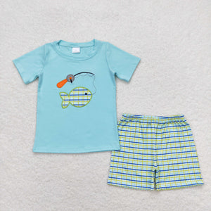 Fishing Green Blue Plaid Boys Shorts Sets