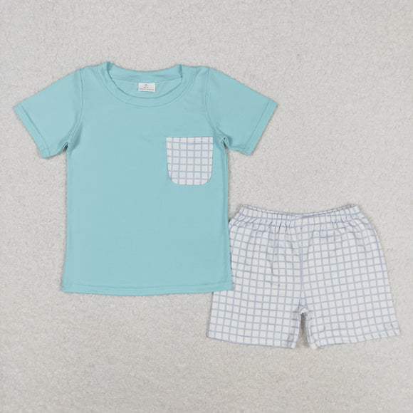 Plaid Pocket Blue Boys Shorts Sets