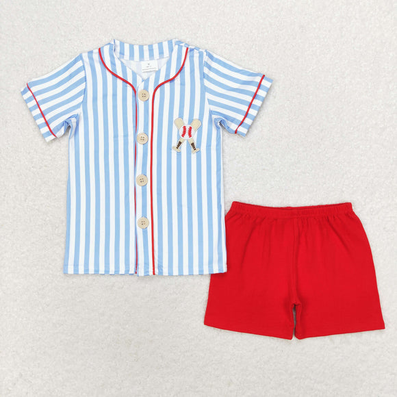 Baseball Stripe Blue Red Boys Shorts Sets