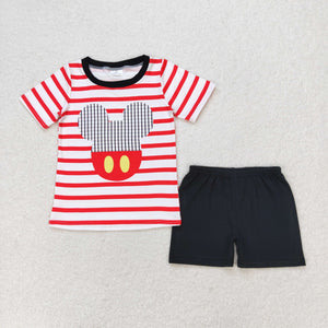 Cartoon Red Stripe Black Boys Shorts Sets