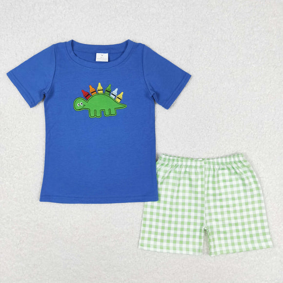 Dinosaur Crayon Green Plaid Blue Boys Back to School Outfits