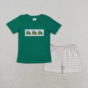 Farm Tractor Plaid Green Boys Shorts Sets